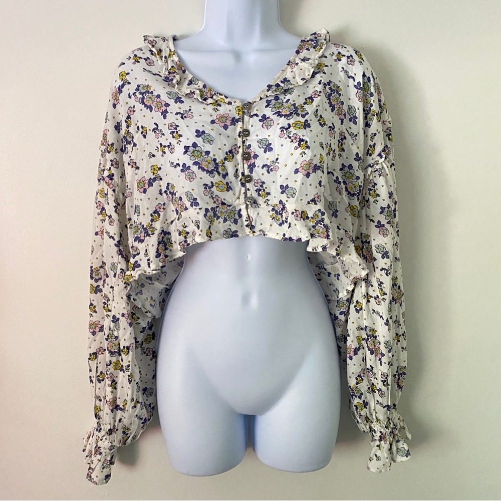 Free People Secret Garden Floral Ruffle Cropped Top Long Sleeve Blouse Lavender - Picture 7 of 13
